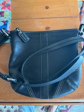 Black Leather Shoulder Bag with Contrast Stitching